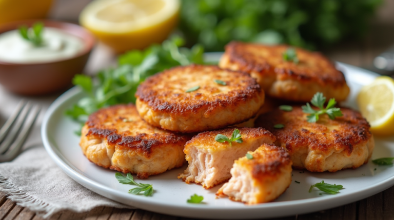 Golden, crispy salmon patties served with tartar sauce and fresh lemon slices on a plate.