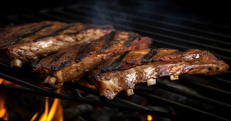Oven-baked beef short ribs with a caramelized crust, garnished with fresh herbs on a rustic baking tray